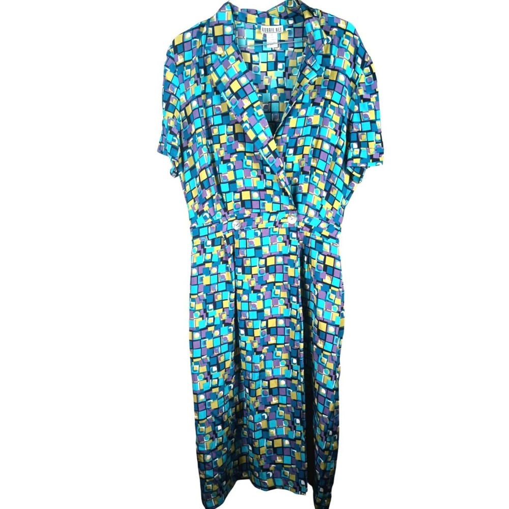 Robbie Bee 100% Silk Sz 10 Maxi Shirt Dress Check Blue Lined Belt Buttoned
